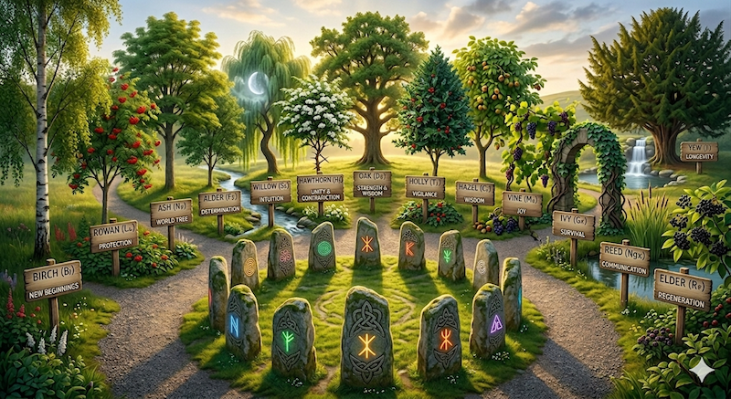 The Grove showing Celtic Birth Trees and symbolism  