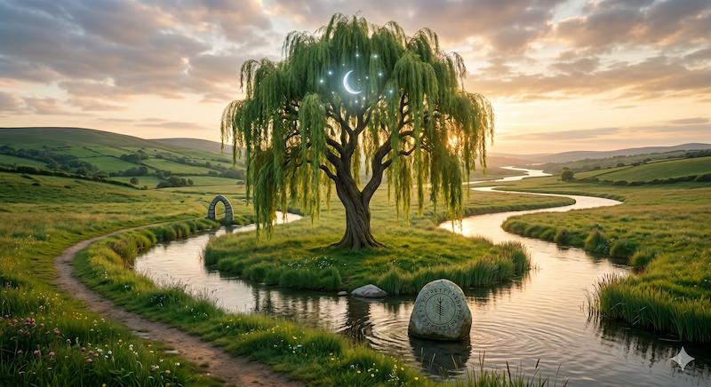 Willow tree in meadow with winding stream and Celtic symbolism